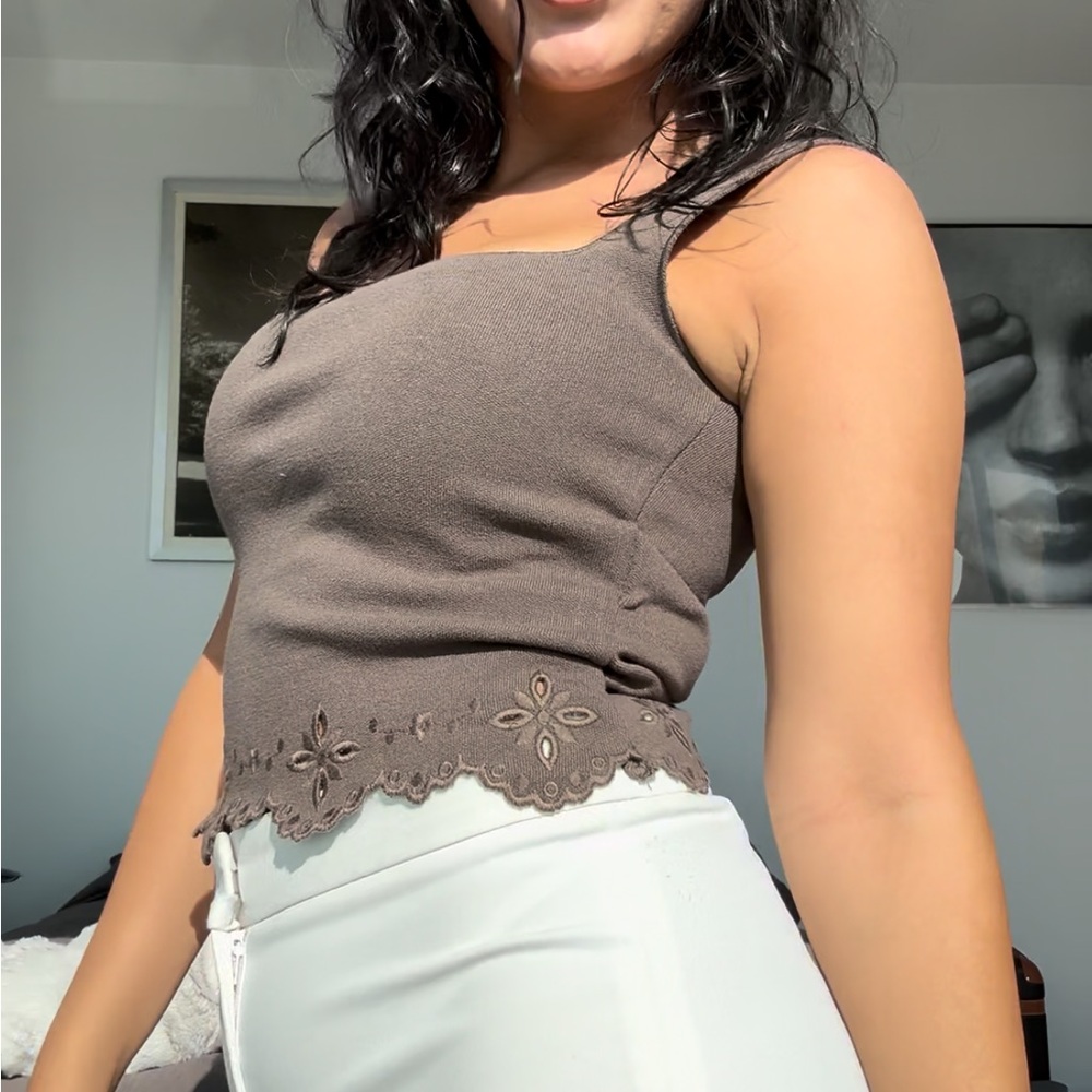 Elegant Brown Lace Trim Women's Top
